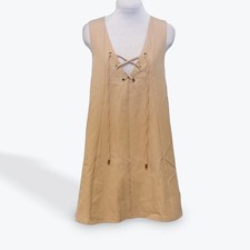 L'ATISTE Tan Beige Lace Up V-Neck Sleeveless A-Line Mini Dress LD9890K-X Medium