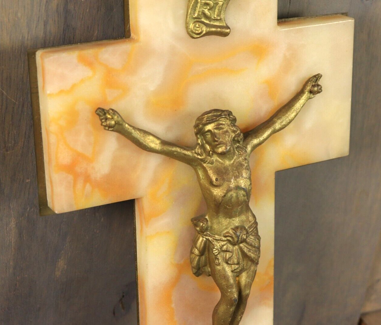 Antique French White Onyx Marble Gilt Wall Cross Crucifix -Ships DDP to USA