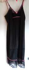 Vintage Vanity Fair Black Nylon Lace Full Slip Pink Ribbon Bow Sz Small Bust 36