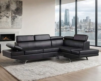 NEW Modern 108'' Sectional Sofa Black Vegan Leather Contemporary Living Room Set