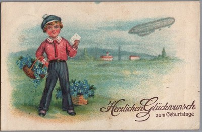 1933 Germany Congratulations Card Zeppelin Cartoon Airship Postcard