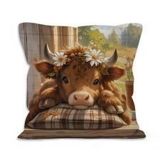 Rustic Farmhouse Floral Highland Cow Decor Throw Pillow Covers 18x18, Western...