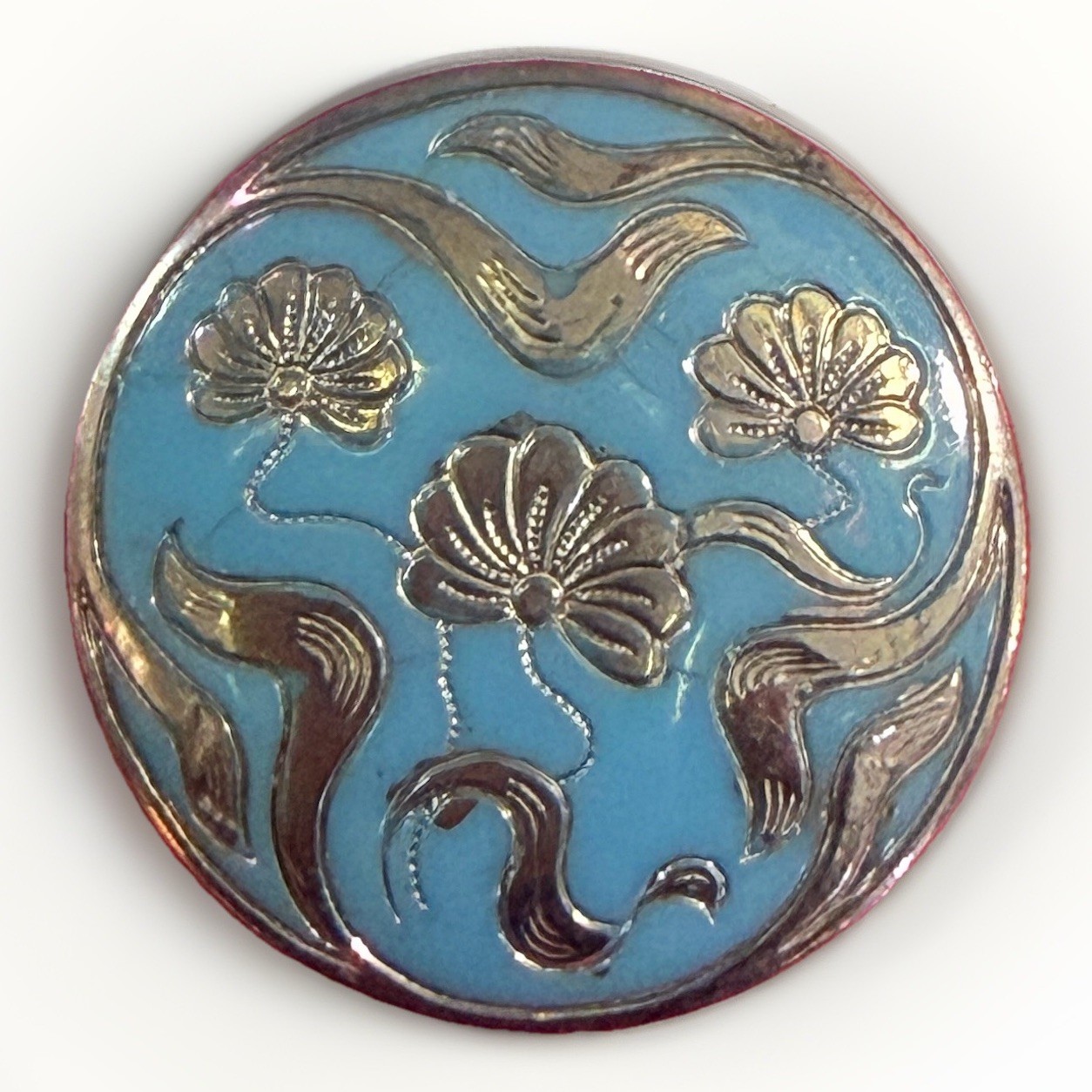Victorian Turquoise Glass Button w/ Art Nouveau Flowers, And Silver Luster, Med.