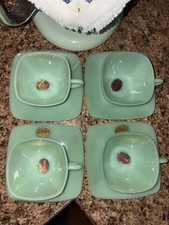 4 Vintage Fire King Jadeite Jadite Glass Charm Cup & Saucers With Stickers NOS