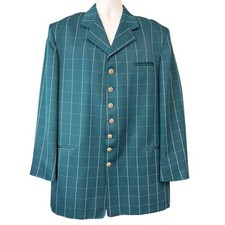 Falcone Mens 44L Teal Windowpane Check 7 Button Blazer Jacket Made in USA Retro
