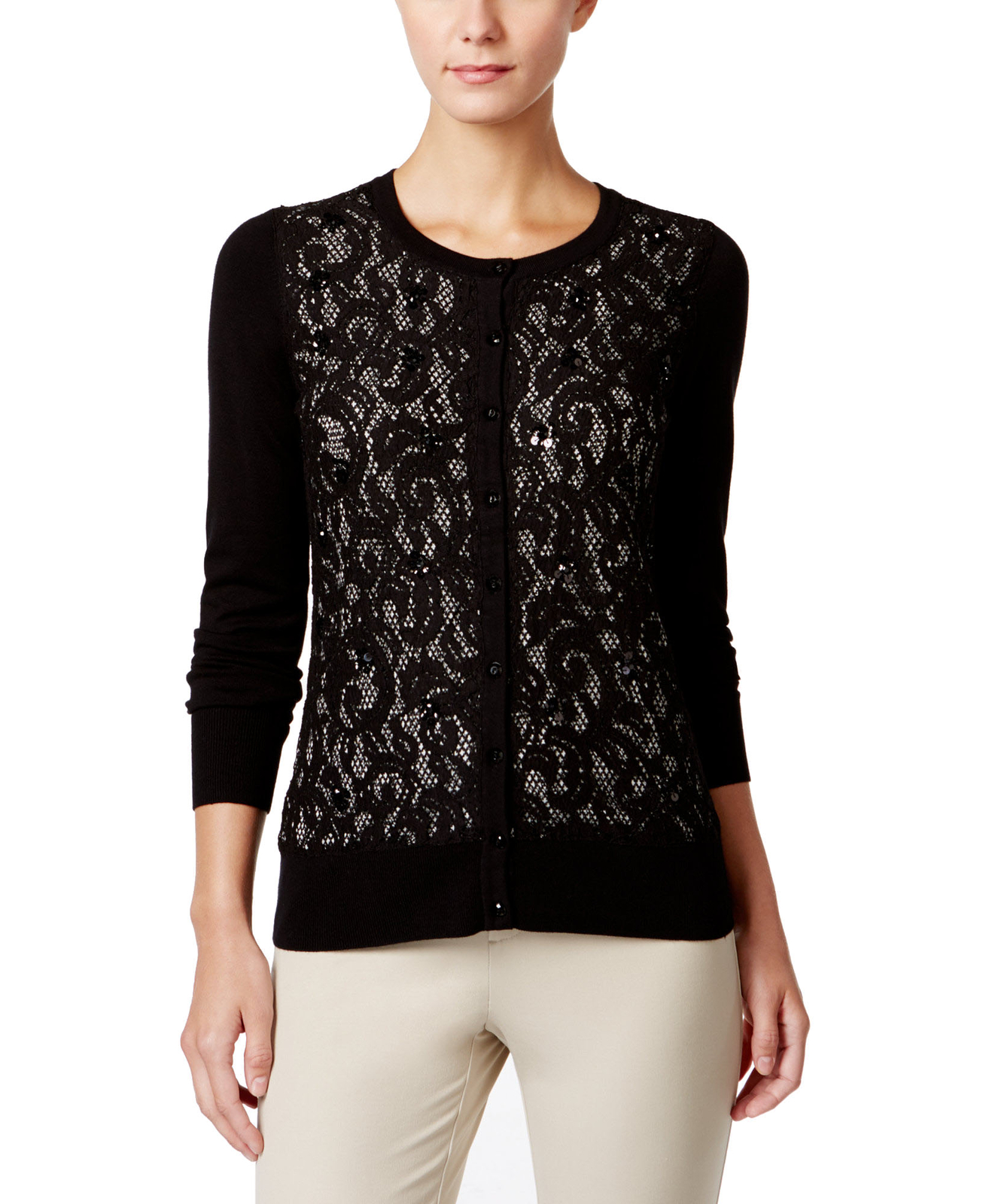 Charter Club Women's Sequined Lace Cardigan (Large, Deep Black Combo)