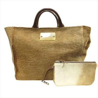 Nicole De Rivals Brown Calf Hair Leather Tote Bag with Pouch, 38x30x16cm