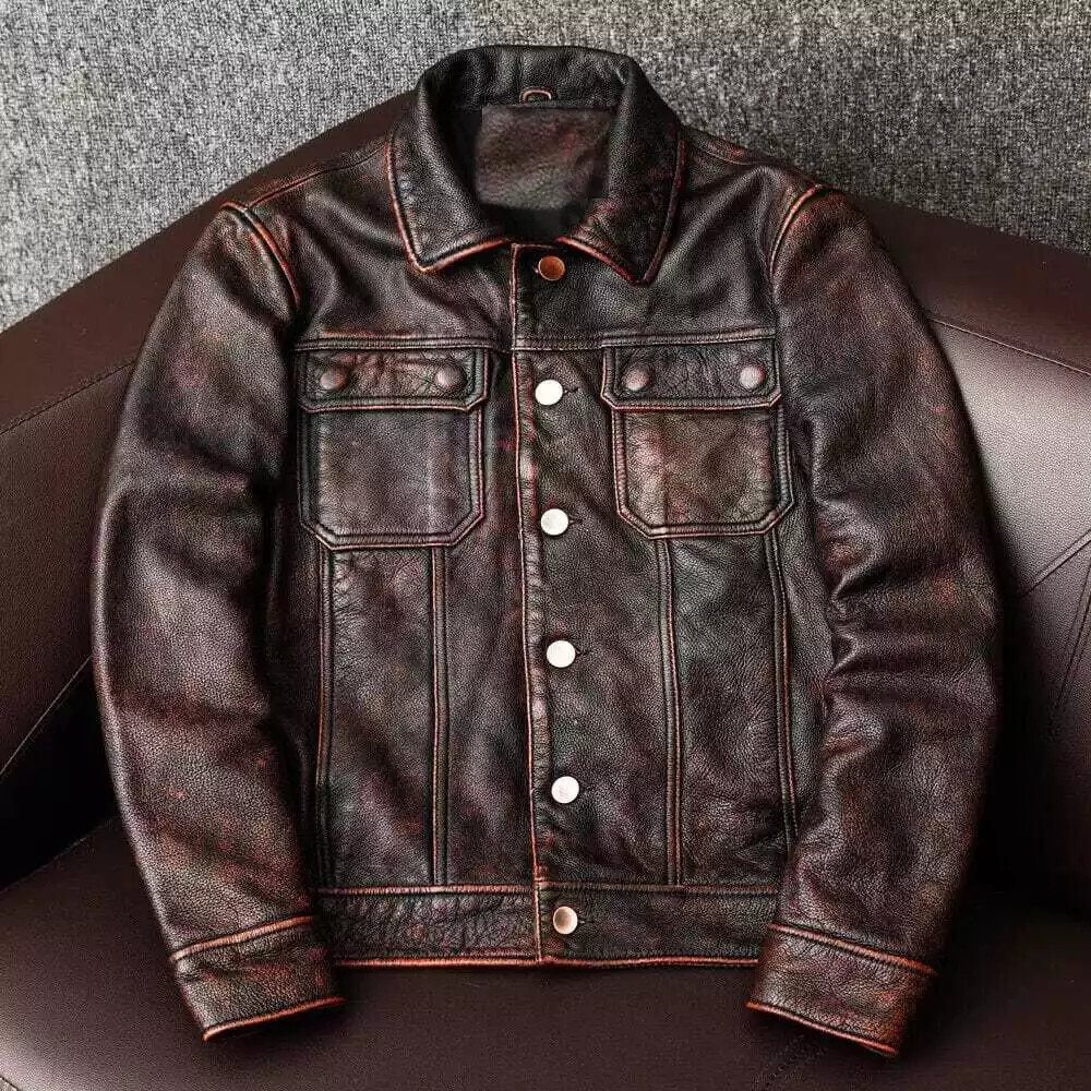 Chaqueta de cuero de vaca marrón vintage para hombre abrigo de cuero genuino chaqueta de cuero informal