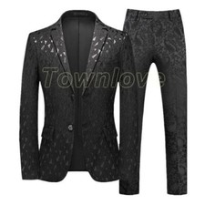 Fashion Men Jacquard Suit Blazers Jacket Pants 2pc Set Business Wedding Costume