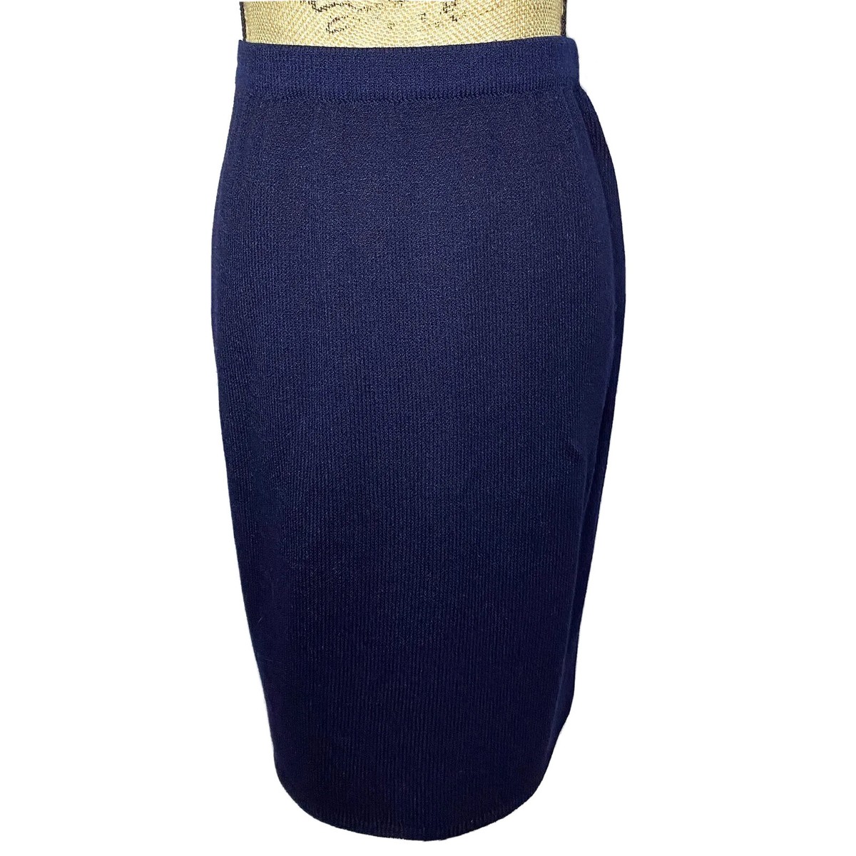 John Wool Knit Pencil Skirt Navy Blue Elastic Waist