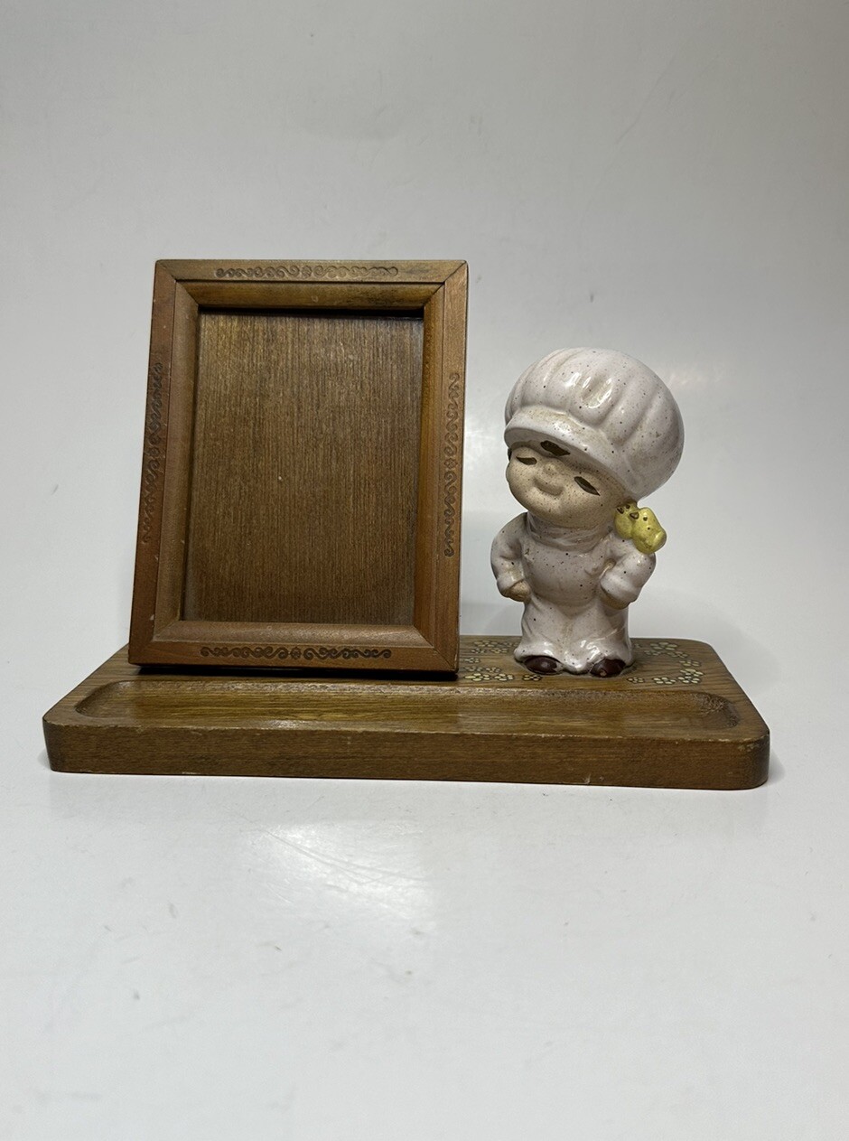 Otagiri Wooden Frame Jewelry Holder w Stoneware Boy w Bird on His Shoulder