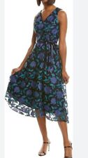 Tahari Navy Green Floral Embroidered V-neck Fit & Flare Midi/Maxi Dress Sz 2