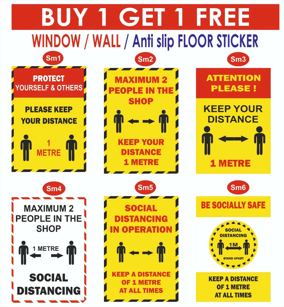 Social Distancing Stickers 1M 2M DISTANCE C0VID Shop Floor window Warning Sign