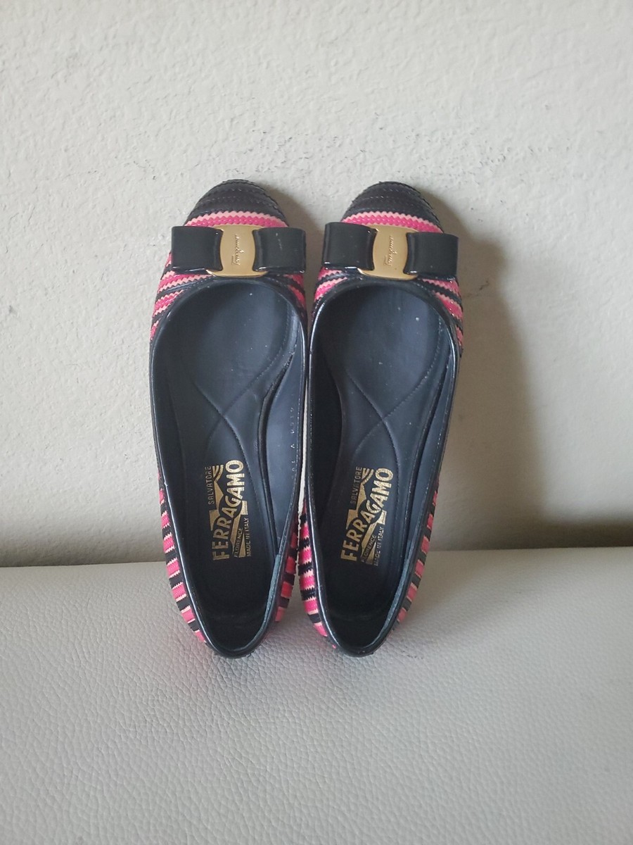 SALVATORE FERRAGAMO Striped Pink Black Varina Bow Accent Ballet