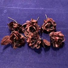 6p Millinery Flower Rose Plum Burgundy Velvet Organza4 1/2” w/velvet leaves G87a