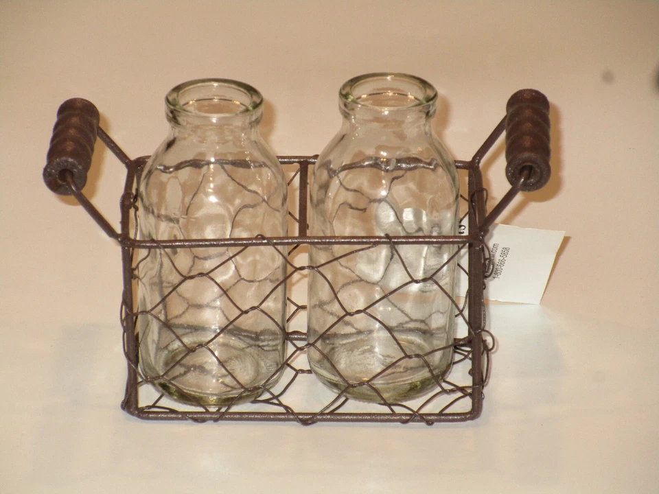 2 Glass Bottles in a Rustic Chicken Wire Basket with Handles 6.5" Long Farmhouse - Image 3 of 3