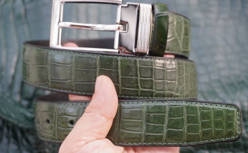 Cinturón para hombre piel de vientre de cocodrilo genuino verde - W 1,3" #T21 Foto 2 de 4