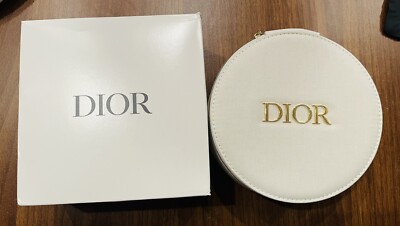 DIOR Round Gold Logo Ivory/ White Vanity Case With Mirror Makeup