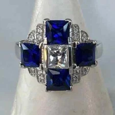 Art Deco Style Lab-Created Diamond Sapphire Engagement Ring 14k White Gold FN