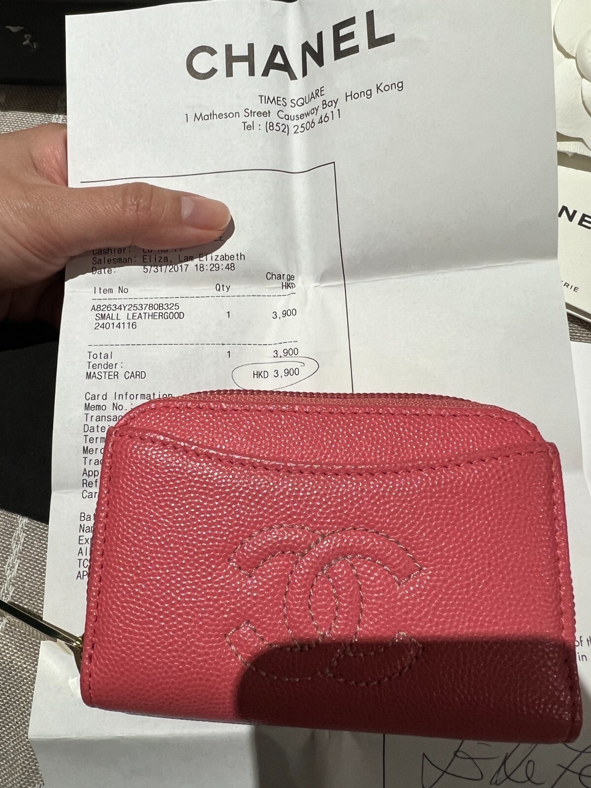 Chanel Caviar Leather Card Holder - Coral Pink image 3