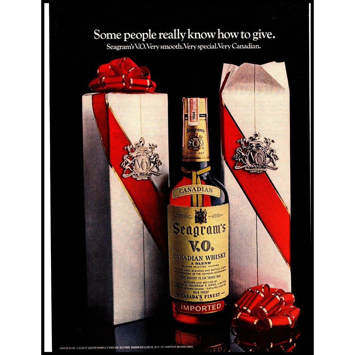 1970 Seagrams V.O. Canadian Whisky Christmas Box Red Bow Vintage