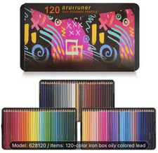 New 120 BRUTFUNER OILY COLORED PENCILS Square Barreled Coloring Set in Metal Box