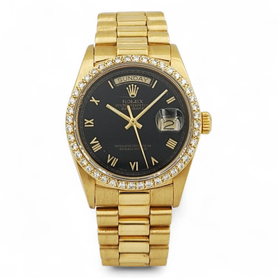 Rolex 36mm Presidential 18K Gold Watch with Black Dial and Diamond Bezel (18038)