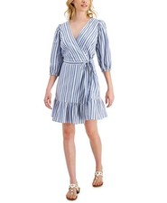 Tommy Hilfiger Women's Striped Faux-Wrap Dress (Blue/White, Medium)