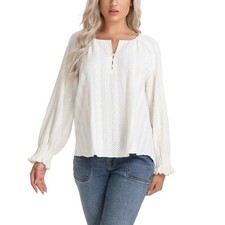 A New Day Ivory Geometric Button Ruffle Split Neck Raglan Sleeve Blouse M