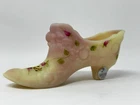 Fenton Glass Burmese Yellow Pink Hand Painted Cabbage Rose Shoe- Signed
