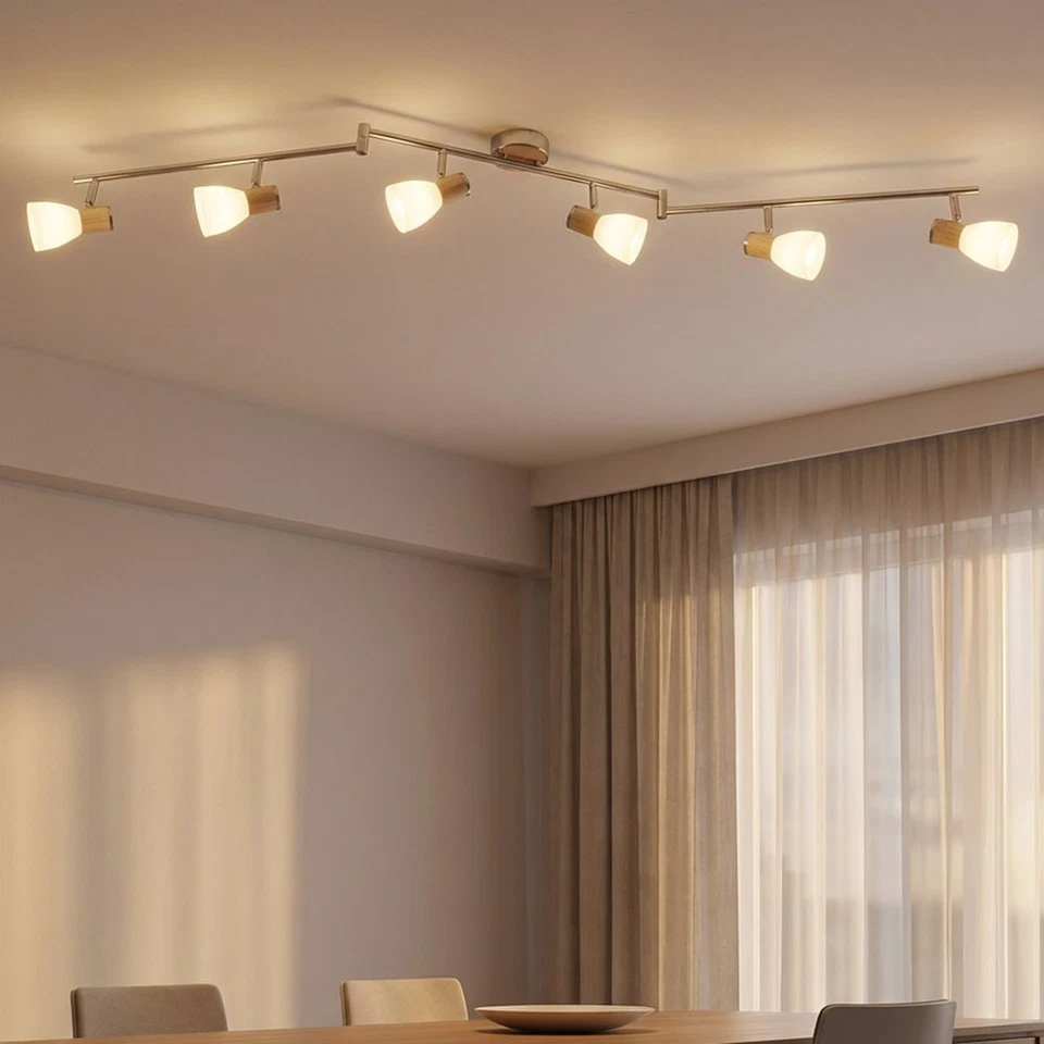Decken Spotleiste 6-flammig Holz Nickel Lampe Wohn Ess Zimmer Strahler Leuchte - Bild 1 von 4