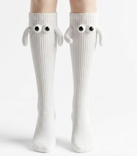 4 Pairs Magnetic Holding Hands Socks - Funny 3D Eyes Couple Crew Socks White New