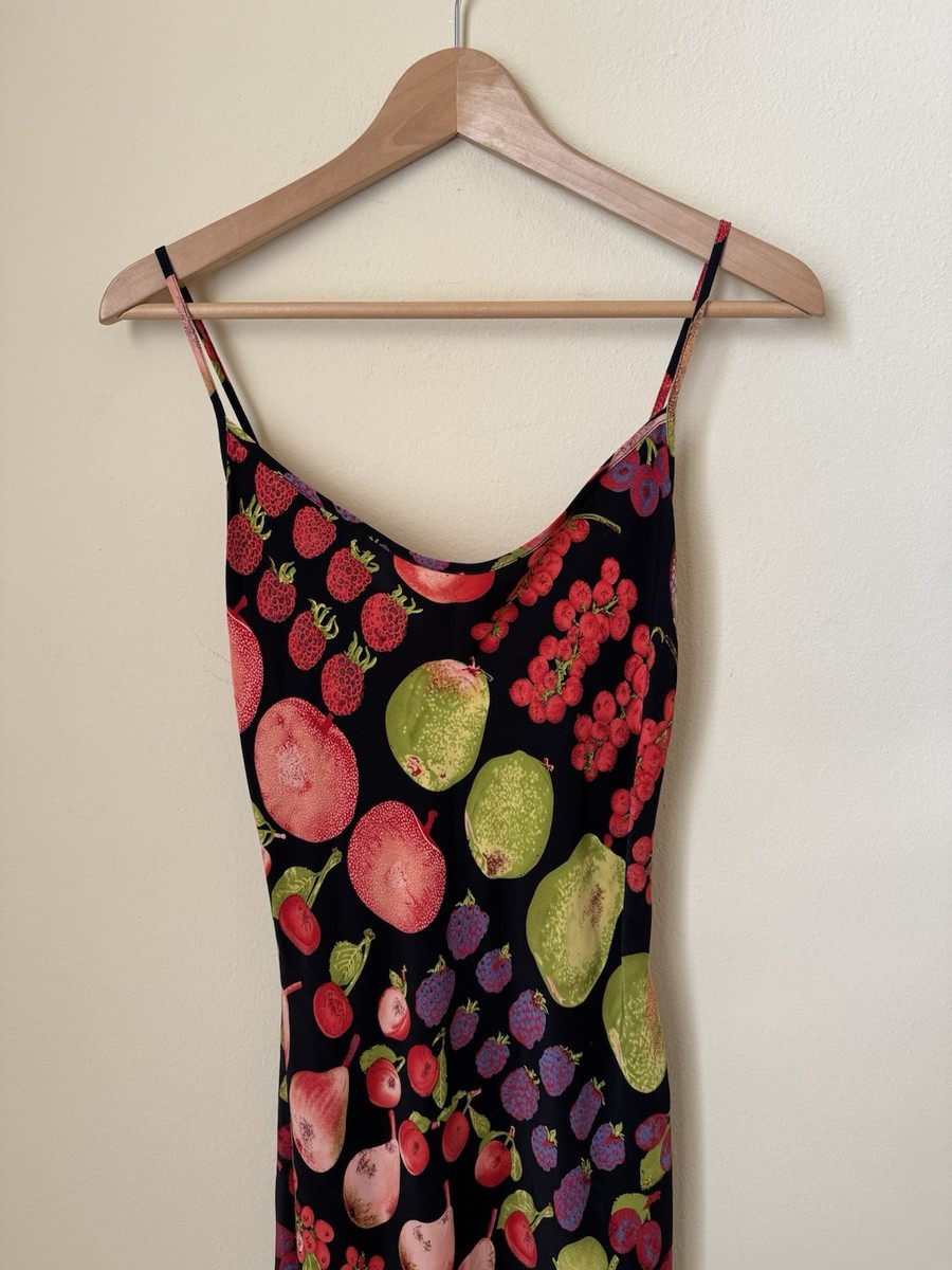 Betsey Johnson Fruit Print Dress Silk Black Multicolor Size