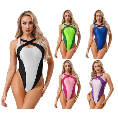 Women's Glossy One Piece Swimsuit Sleeveless Bathing Suits Open