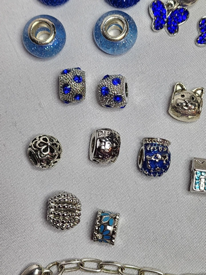 Lote de 23 Dijes Diapositivas Plus Pulsera Gato Mariposa Flor Corona Plata Azul Foto 4 de 4