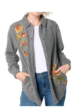 Quacker Factory Fleece Falling Leaves Button Front Shacket Charcoal