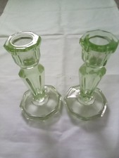 Vintage BAGLEY Art Deco green Glass Candle Holders  candle sticks dressing table