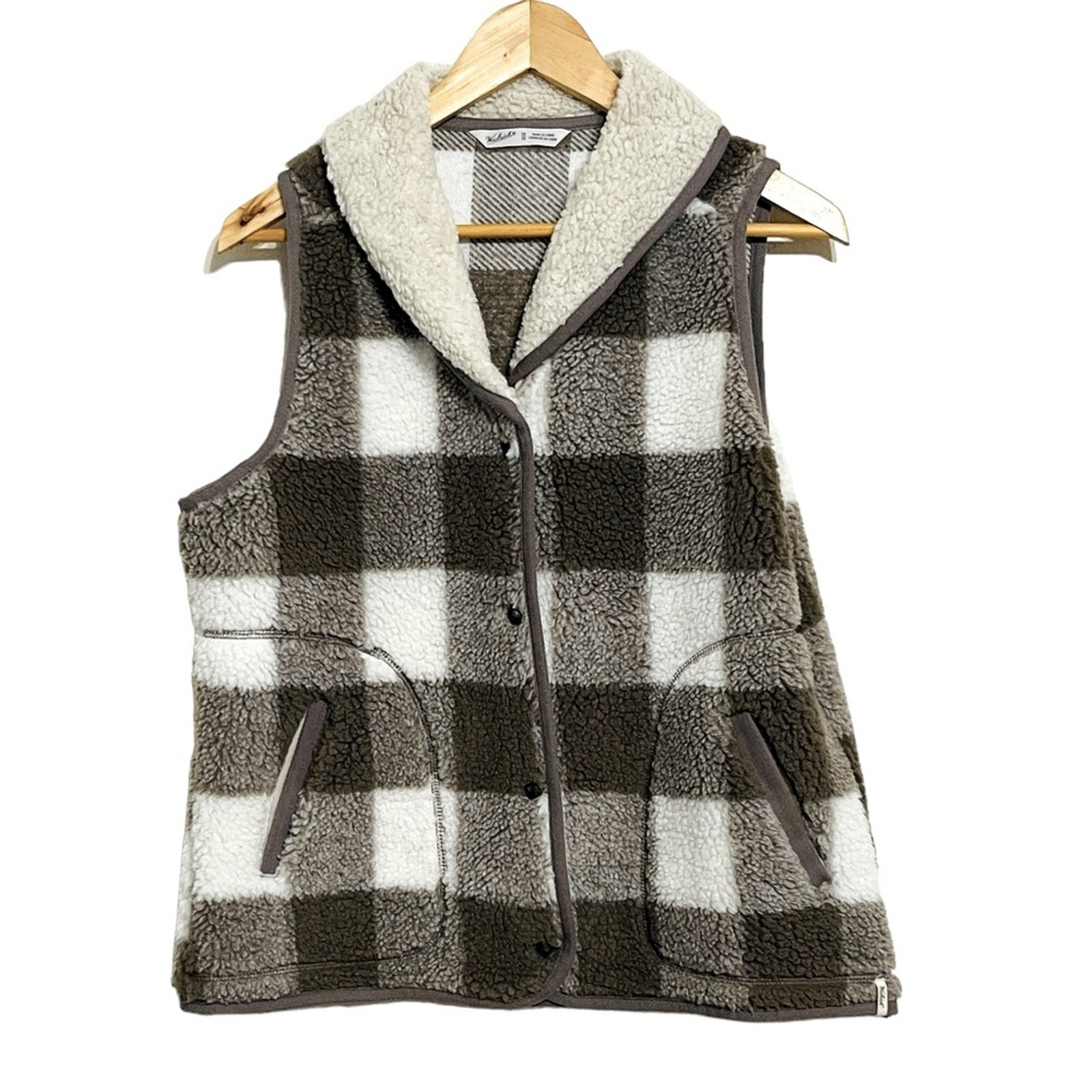 Woolrich Buffalo Plaid Sherpa Snap Front Vest Brown Cream Size M
