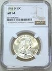 1958-D Franklin Half Dollar NGC MS64 95% FBL Frosty Toning New Holder #W274A