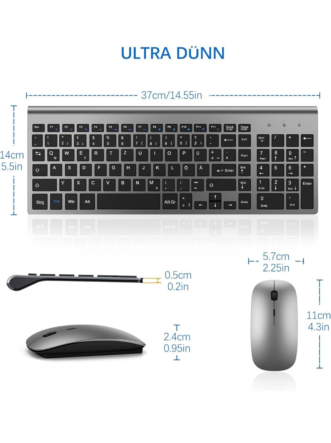 TopMate Tastatur Maus Set Ultra Slim Kabellos 24G Leise USB PC Laptop