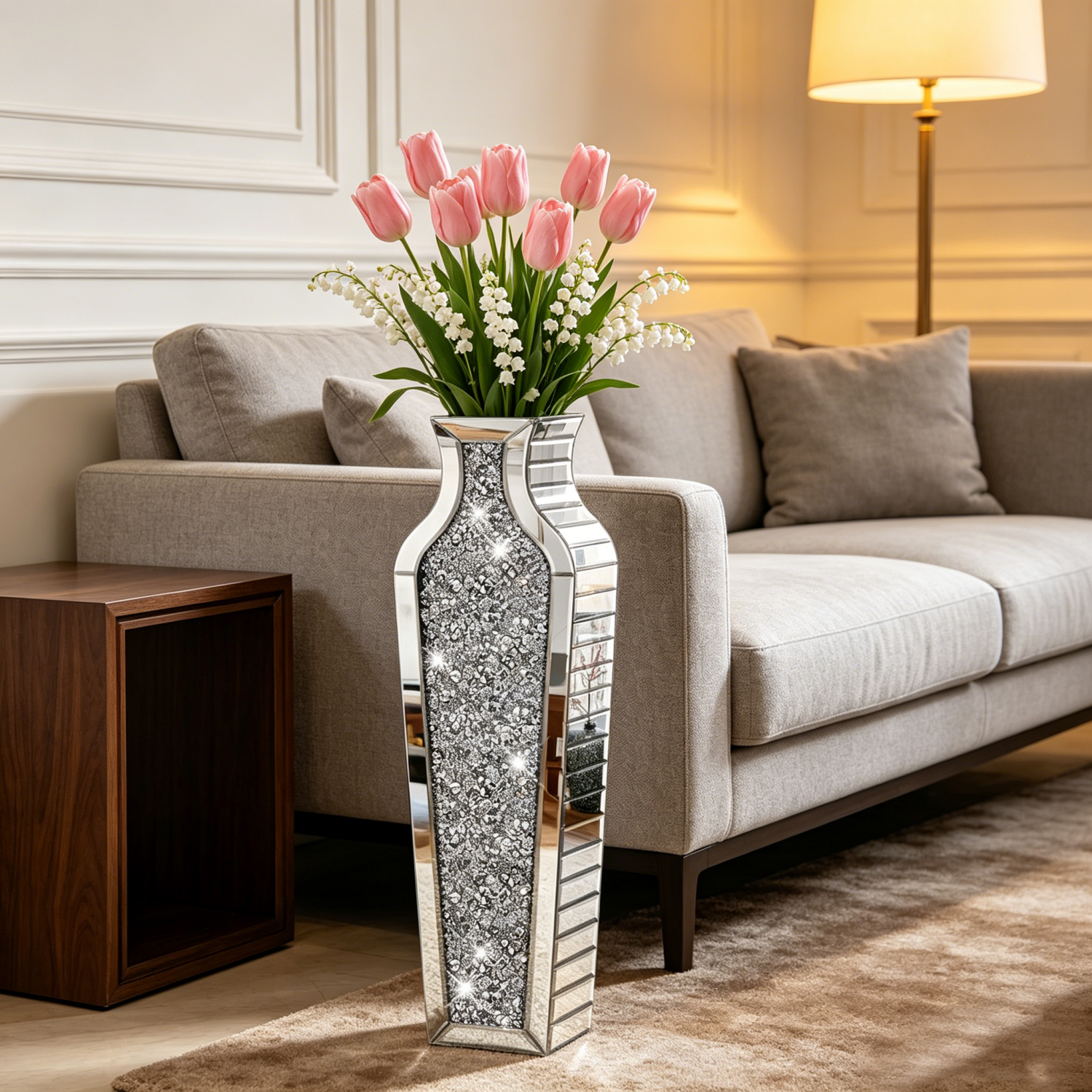Tall Decorative Crushed Diamond Mirrored Flower Floor Vase Holding Dried Flowers