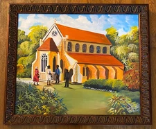 Jamaican Art Church Goers Vintage Original Acrylic Canvas West Indian Art Signed