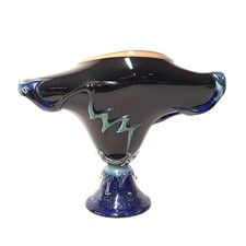 Studio Art Glass Abstract Iridescent Blue Vase Sculptural Modern Hand Blown