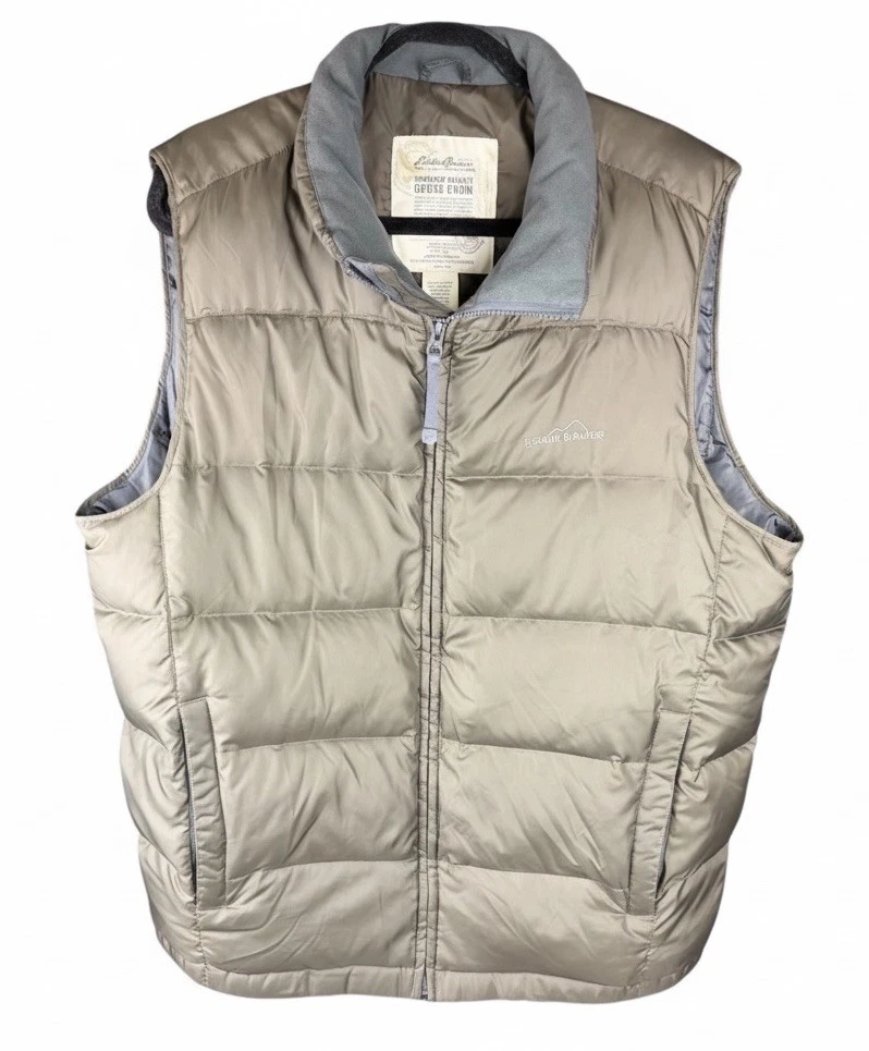 Eddie Bauer Premium Goose Down Puffer Vest Quilted Size L Tall Full Zip Green