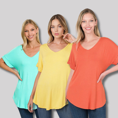 V-Neck Rolled Short Sleeve Loose Fit Luxe Rayon Top Oversized Shirt Tunic Blouse