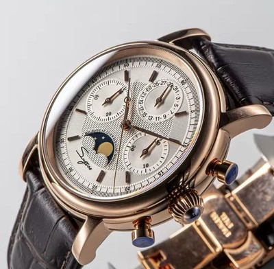 Sugess MoonPhase Gold SWANNECK Chronograph Mens Watch Seagull 1963