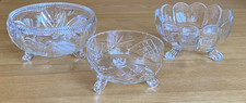 3 Vintage clear glass footed bowls max 14.5 x 8cm Cut glass designs 3 feet each