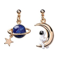 Creative Cartoon Asymmetrical Astronaut Blue Planet Stud Earrings for Women Char