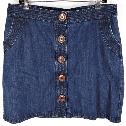 Boden Denim Mini A Line Skirt Women's 16 L Dark Blue Brown Button Front
