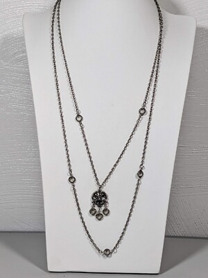Silver Tone Open Work Scroll Pendant Gray Bezel Crystal Layered Necklace 20 inch